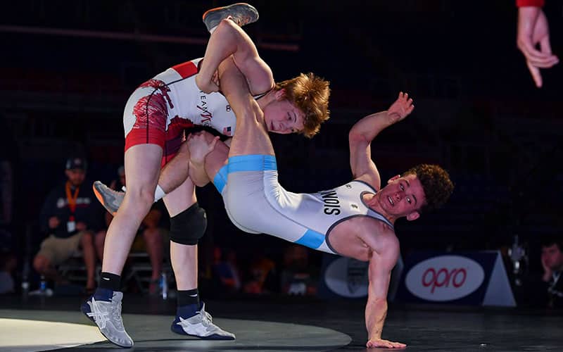 Braeden Davis (MI) takes down Benjamin Aranda (IL) in the 2021 Junior Freestyle Finals at 113 pounds. 
