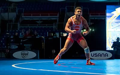 Mason Gibson of Pennsylvania flexes out after winning Junior Men's Freestyle Nationals