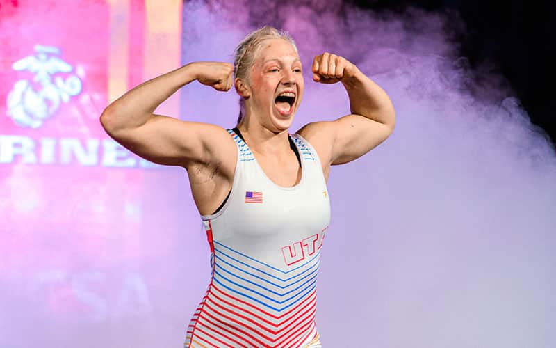 Brooklyn Hays (UT) celebrates her 2022 Junior Nationals title at 164 pounds