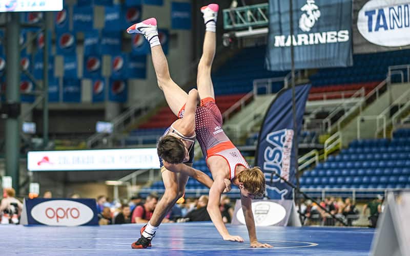 Brock Mantanona of California tosses his opponent upside down at 16U Nationals.