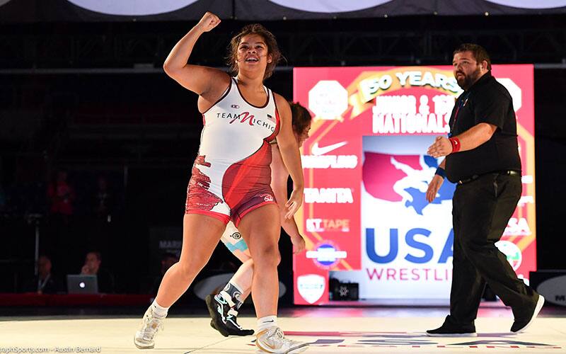Sabrina Nauss of Michigan celebrates after winning 2021 16U Nationals in Fargo.
