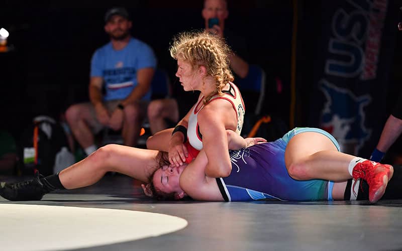 Ella Pagel of Minnesota goes for the fall in the 2021 U16 National finals. 