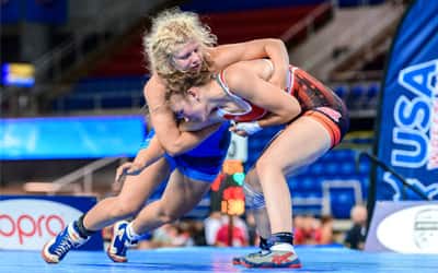 Ella Pagel of Minnesota does a standing lat drag