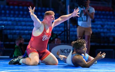 Aaron Ries of Ohio celebrating winning 16U men's freestyle nationals.
