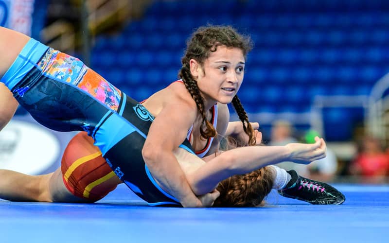 Katy Valdez of Colorado pins her opponent in a chest-to-chest hold. 
