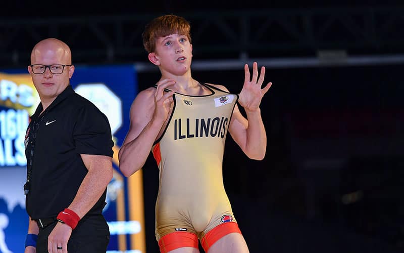 Kannon Webster shows off Illinois on his singlet after winning 2021 Junior Nationals freestyle title.