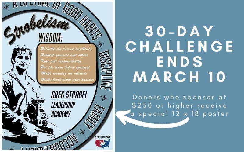 Greg Strobel Leadership Academy graphic concerning free poster to major donors