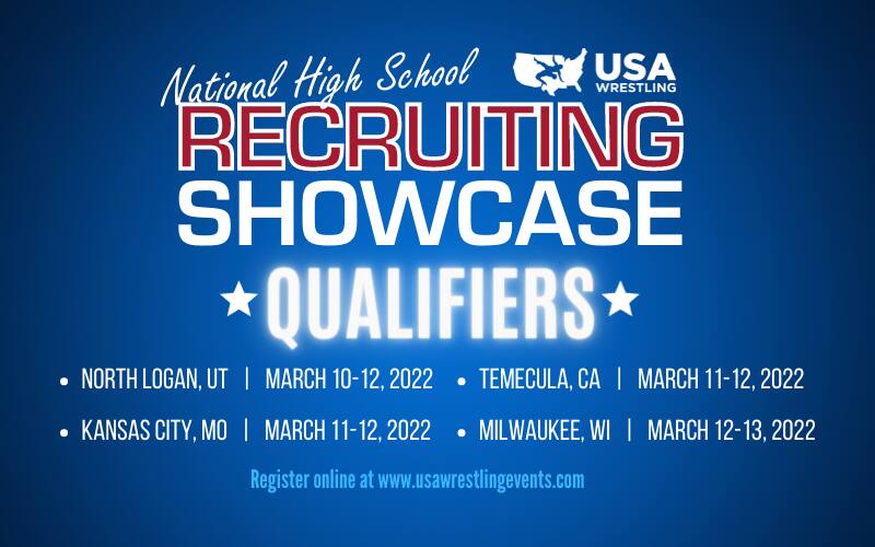 Graphic for the last four National High School Recruiting Showcase Qualifiers - CA, UT, MO, WI