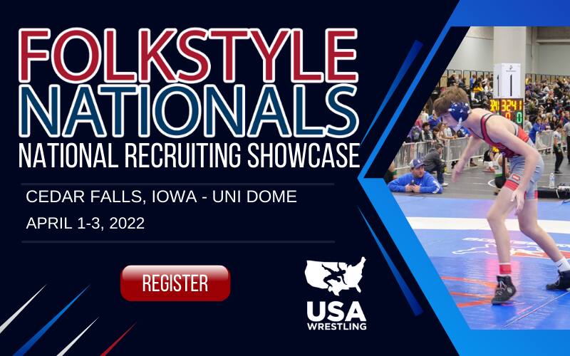 Graphic for the 2022 USA Wrestling Folkstyle Nationals and the High School National Recruiting Showcase for Boys