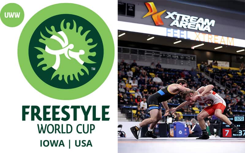 UWW World Cup logo plus action shot of international wrestling at the Xtream Center in Coralville, Iowa