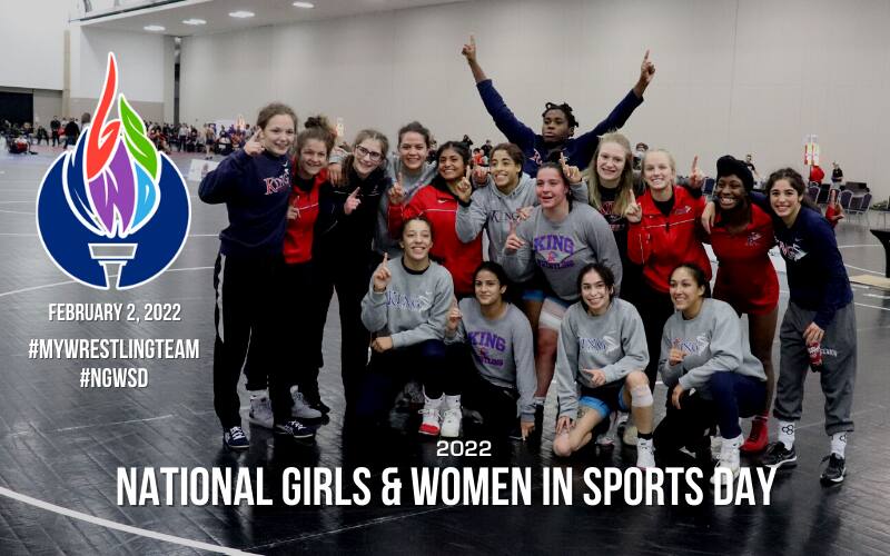 Photo with the King University women's wrestling team, and the NGWSD logo