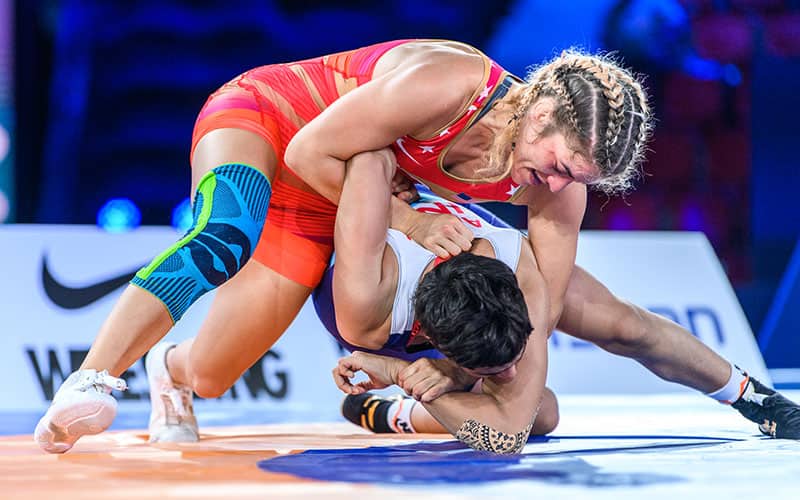 Helen Maroulis (USA) runs an arm bar at the 2021 World Championships. 