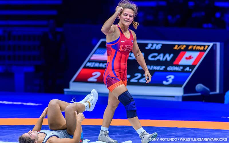 Kayla Miracle (USA) celebrates after pinning Ana Godinez (Canada) in 62 kg World semifinals. 