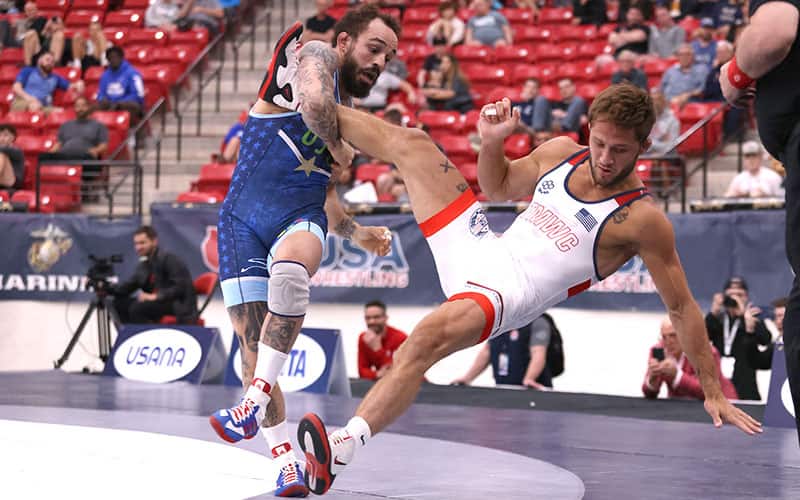Jordan Oliver trips Tyler Berger in 70 kg semifinals at US Open