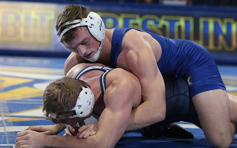 South Dakota State's Kenny O'Neil rides during a match at the 2022 Virginia Duals