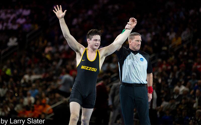 Keegan O'Toole (Missouri) has arm raised after winning 2022 NCAA Championships