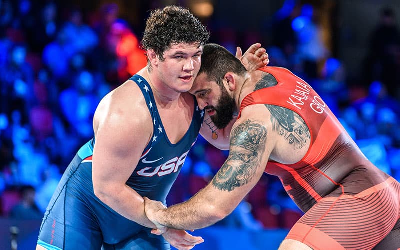 Cohlton Schultz (USA) pummels during the 2021 World Championships