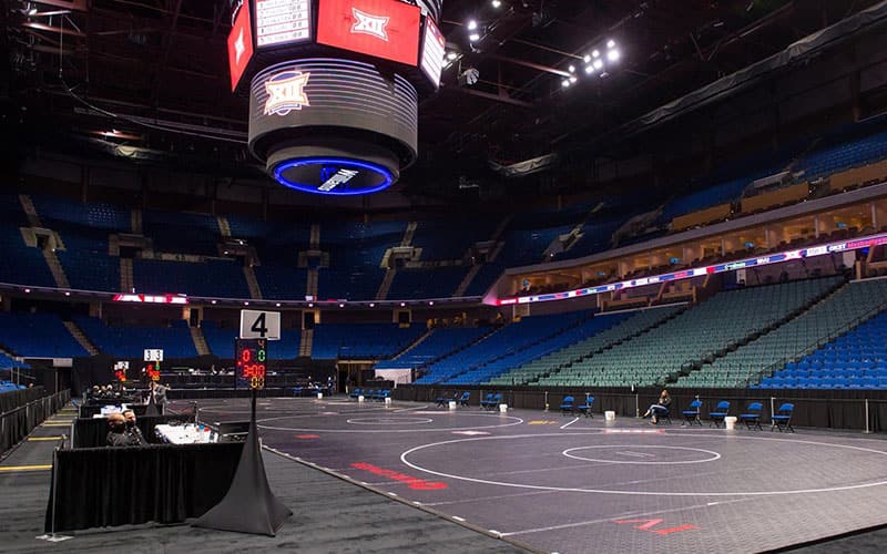 Big 12 Wrestling Championships empty mats in stadium