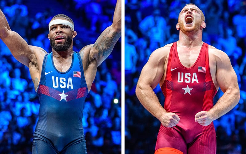 Photos of Jordan Burroughs and Kyle Snyder celebrating after wins at the 2017 World Championships