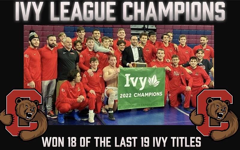 Graphic for Cornell wrestling team as 2022 Ivy League champions, holding the banner