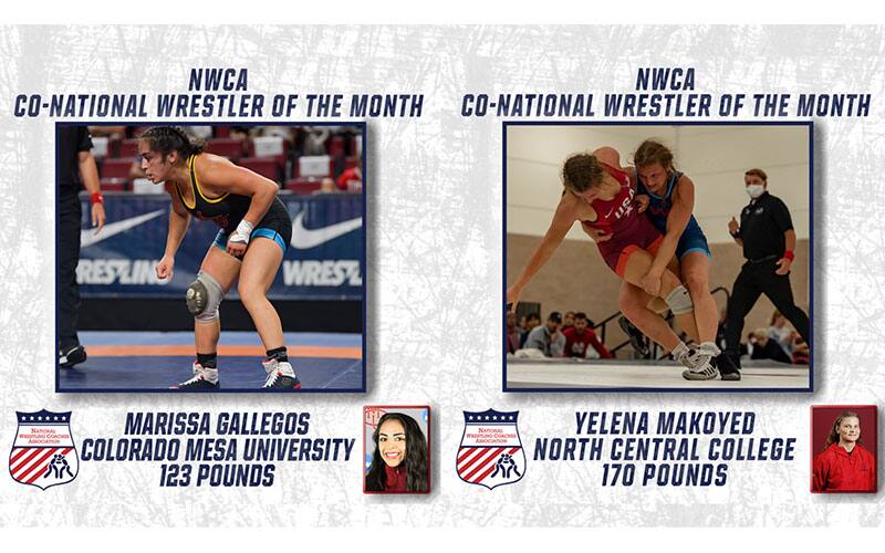 Graphics for Marissa Gallegos (Colorado Mesa) and Yelena Makoyed (North Central) as NWCA Women Wrestlers of the Month