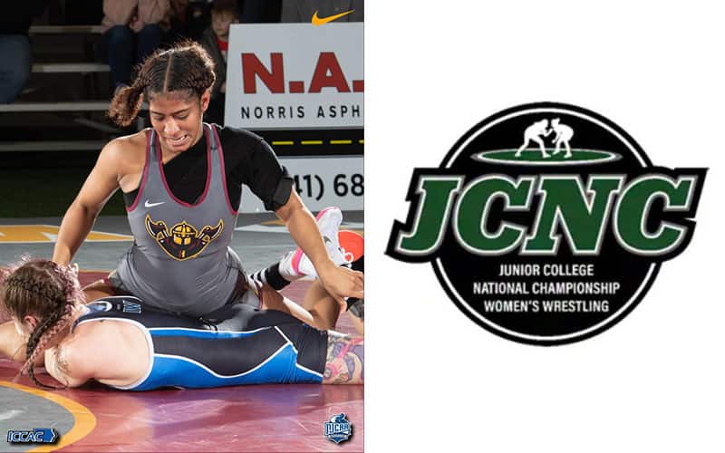 Action image of women's wrestling, along with the JCNC logo