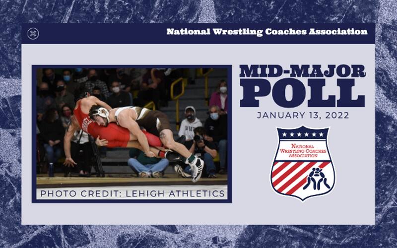 Graphic for the January 14, 2021 NWCA Mid-Major Poll, includes photo of Lehigh wrestler finishing a takedown