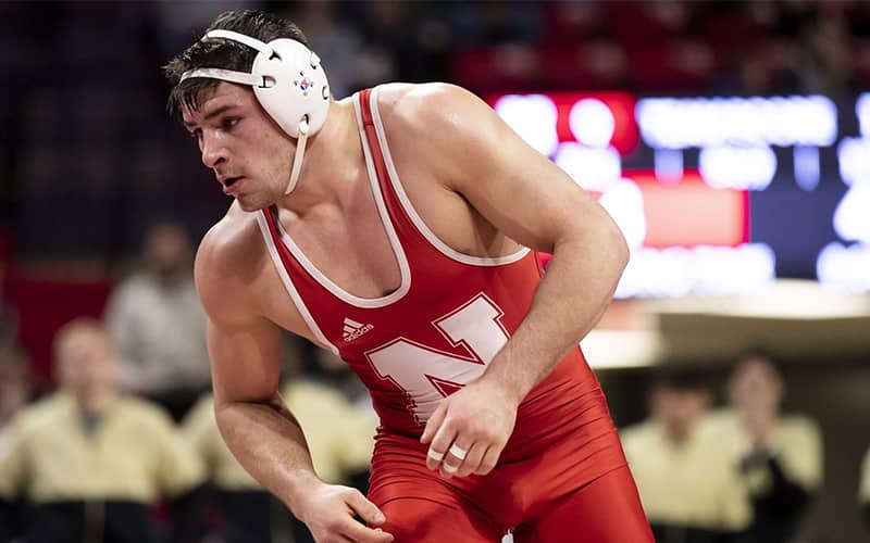 A Nebraska wrestler in action in the team's dual meet against Wisconsin