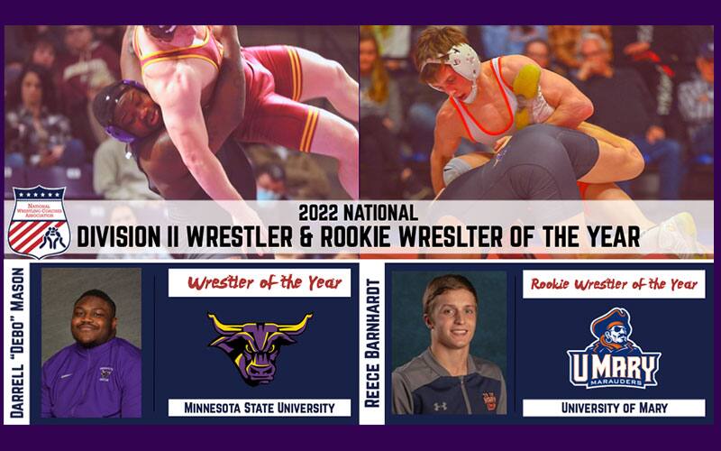 Graphic for Div. II Award winners - Debo Mason as Athlete of the Year, Reece Barnhardt as Rookie of the Year