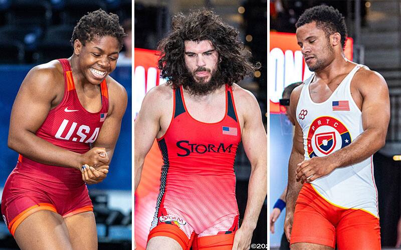 Competition portraits of 2021 Senior National champs Dymond Guilford, Alec Ortiz, Mark Hall