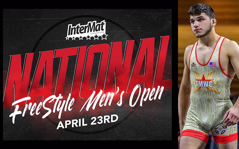 Logo for Intermat National Freestyle Open, with picture of Yianni Diakomihalis