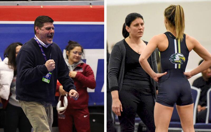 Campbellsville women's coach Lee Miracle celebrates; Life women's coach Ashley Flavin instructs a wrestler