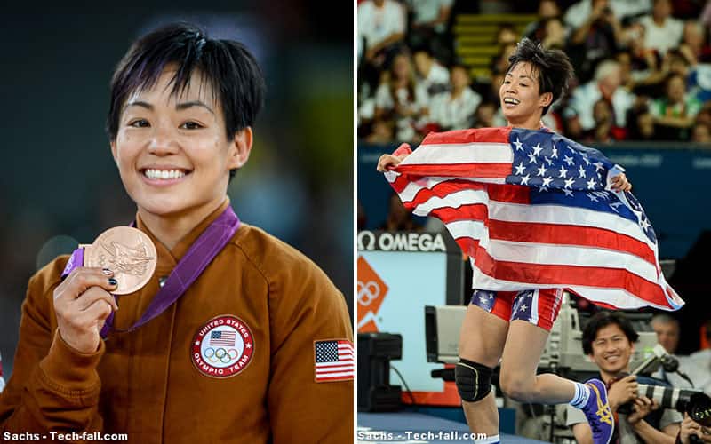 Clarissa Chun at the 2012 Olympics, with her bronze medal and carrying the U.S. flag on the mat