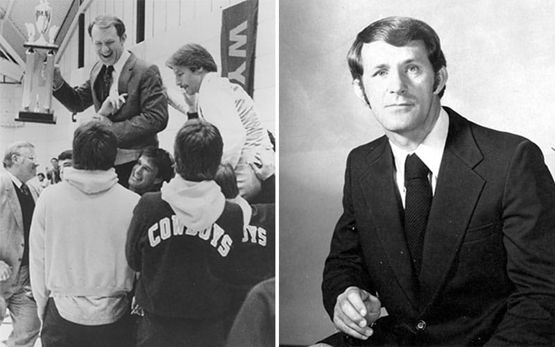 Wyoming coach Joe Dowler with a championship trophy, portrait of Joe Dowler 