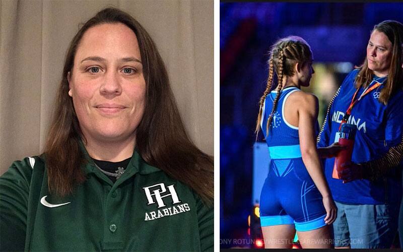 Katie Kriebel mug shot phot, and picture coaching a Team Indiana wrestler