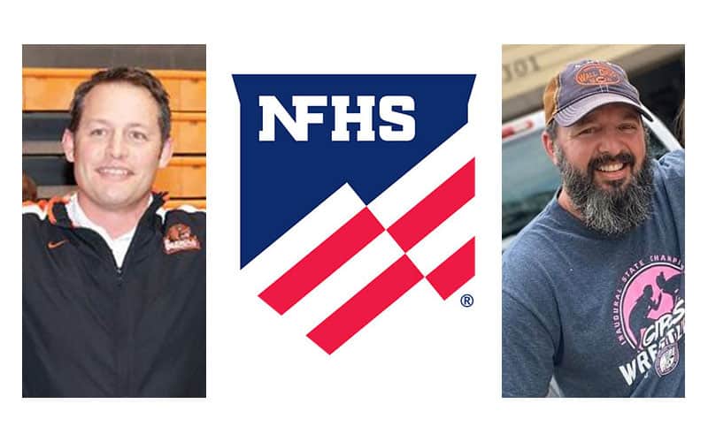 Photos of NFHS award winners Mike Simon (OR) and Kit Harris (KS), along with NFHS logo