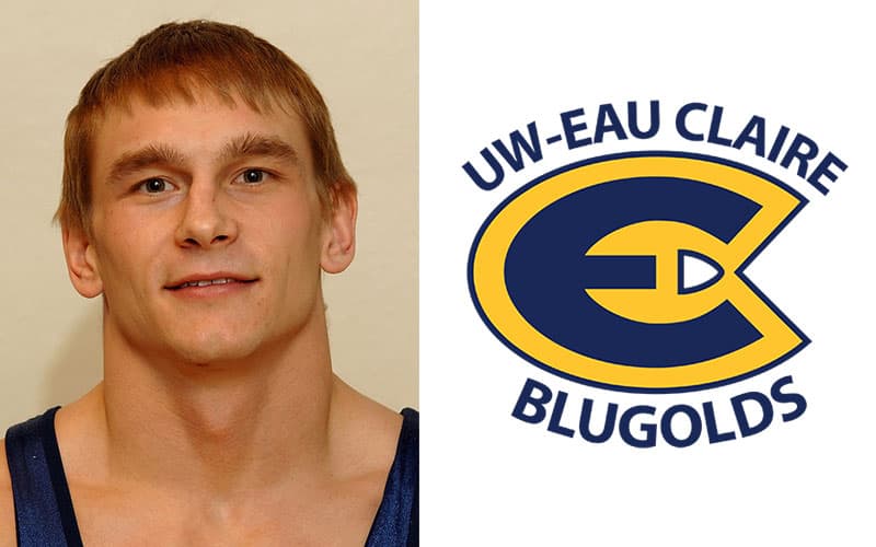 Derek Sikora as a UW-Eau Claire wrestler, along with the UW-Eau Claire athletics logo