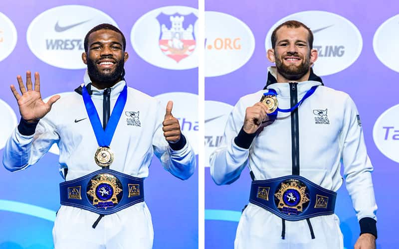 2022 World Champions Jordan Burroughs and David Taylor on the medal podium.
