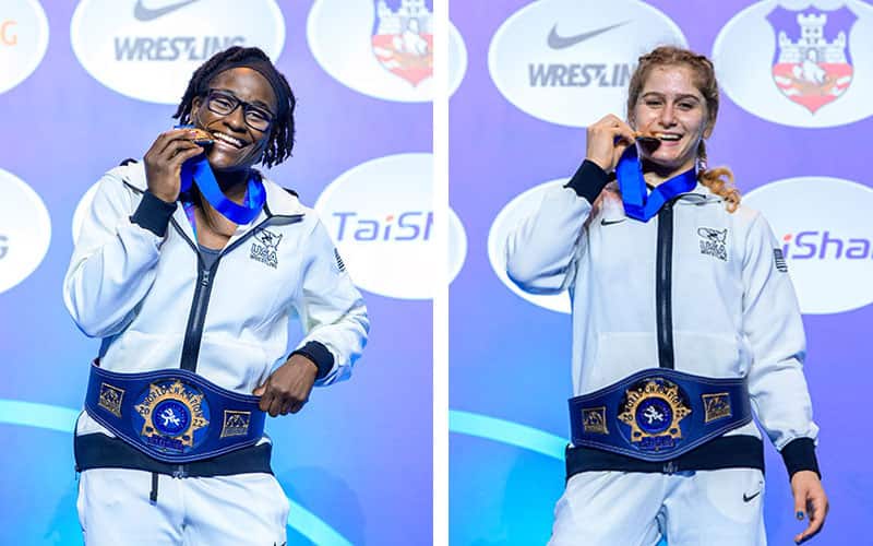 Tamyra Mensah Stock and Amit Elor (USA) bite their World gold medals