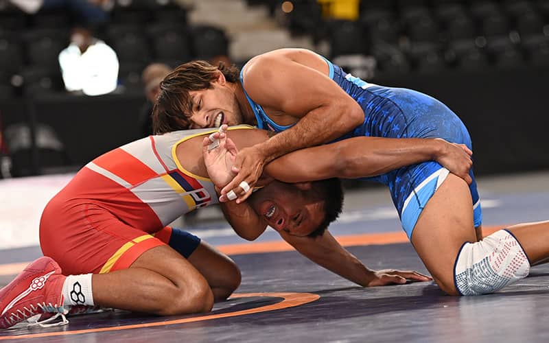 Zahid Valencia in a front headlock on Mark Hall at World Team Trials Challenge Tournament