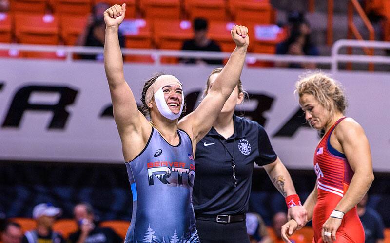 Mallory Velte celebrates her win at 62 kg in Final X Stillwater.
