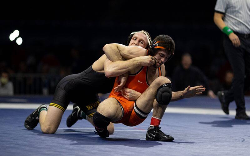 Kaleb Young (Iowa) rides Wyatt Sheets (Oklahoma State)